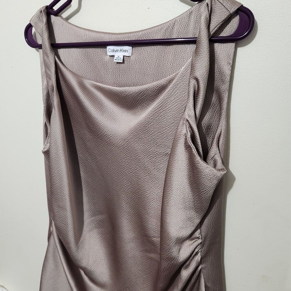 Calvin Klein Top Size XL Taupe Color Silky Sleeveless Square Neck Side Ruching - Picture 2 of 11